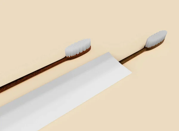 Escovas Dentes Madeira Com Caixa Fundo Branco Isolar Objectos Renderização — Fotografia de Stock