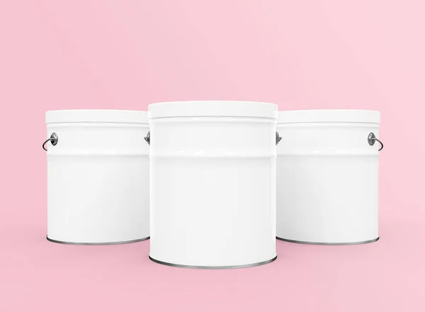 ピンクの背景に3つのペイント缶のフロントビュー バケツを孤立させます 3Dレンダリング — ストック写真
