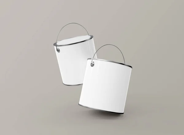 Two Floating Paint Buckets Mockup Grey Background Two Paint Buckets — Stock Photo, Image