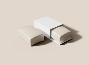 Bej sabun barı ve ambalaj kutusu modeli. İzolasyon ve Kutu. 3d oluşturma