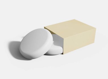 Yuvarlak sabun barı ve karton kutu maketi. İzolasyon sabunu. 3d Hazırlama
