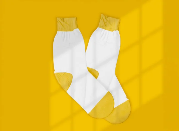 White Yellow Pair Socks Yellow Background Mockup Isolated Socks Rendering — Fotografia de Stock