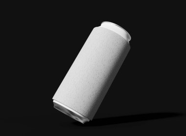 Siyah arka planda soğutuculu yüzen beyaz teneke kutu. Tecrit edilmiş Can Koozie. 3d Hazırlama
