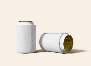 Can Koozie bej arka plan modelinde. İzole edilmiş soğutucu kollu kutu. 3d Hazırlama
