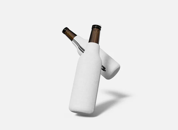 Two Floating Bottles Koozies Mockup Isolated Bottles Coozies Rendering — Stock Photo, Image