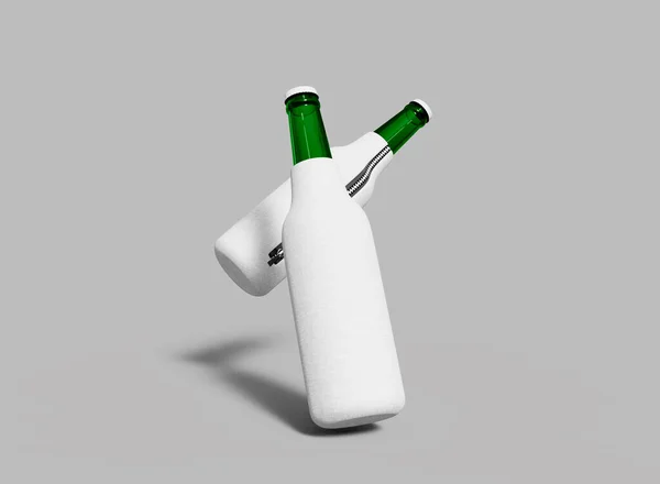 Bottiglie Con Koozies Sfondo Grigio Mockup Isolato Due Bottiglie Galleggianti — Foto Stock