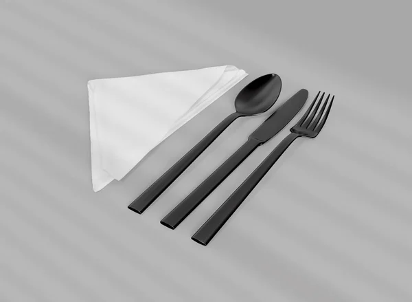 Weiße Serviette Mit Schwarzem Besteck Auf Grauem Hintergrund Mockup Isolierte — Stockfoto