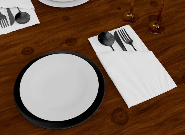 现代餐桌设置在黑暗木桌上 布莱克餐具 3D渲染 — 图库照片