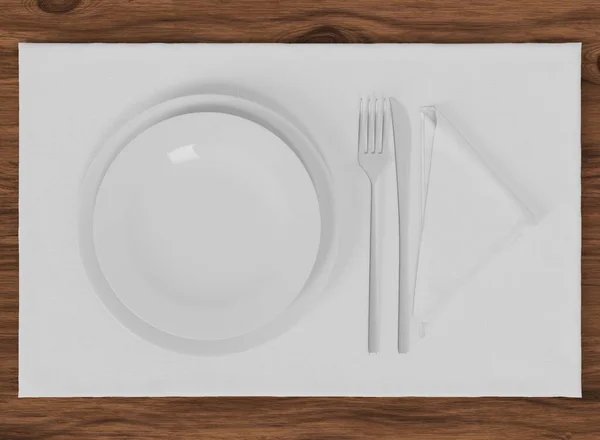 Blanc Tischset Mit Tischset Attrappe Isolierter Tisch Auf Holztisch Darstellung — Stockfoto