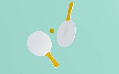 Lastik Top Mockup 'la yüzen plaj yarasaları. Issız plaj raketleri. 3d oluşturma