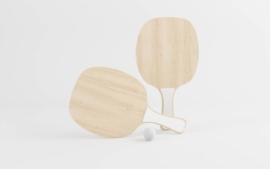 Kauçuk Top Mockup 'lı Tahta Plaj Yarasaları. Issız bir sahil raketi. 3d oluşturma