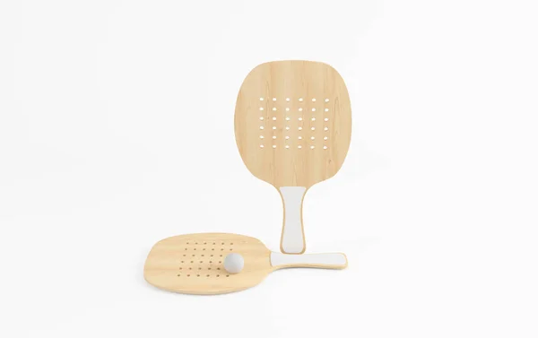 Wooden Beach Racquet Rubber Ball Mockup White 고립된 렌더링 — 스톡 사진