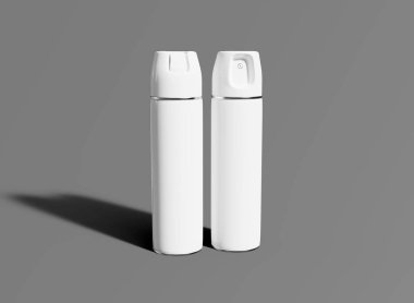 Ön ve Arka Görünüm Aerosol Metalik Şişe Gri Arkaplanda. İzole Ürün. Modelleme. 3d Hazırlama