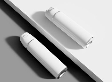 Aerosol Şişe Çift Yükseklik Kompozisyonu Mockup. İzole Ürün. 3d oluşturma