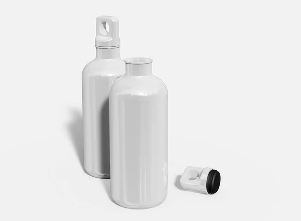 Botellas Agua Aluminio Abiertas Cerradas Mockups Botellas Aisladas Renderizado —  Fotos de Stock