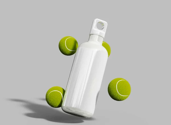 Schwimmende Metallic Sportflasche Mit Tennisbällen Auf Grauem Hintergrund Attrappe Isolierte — Stockfoto