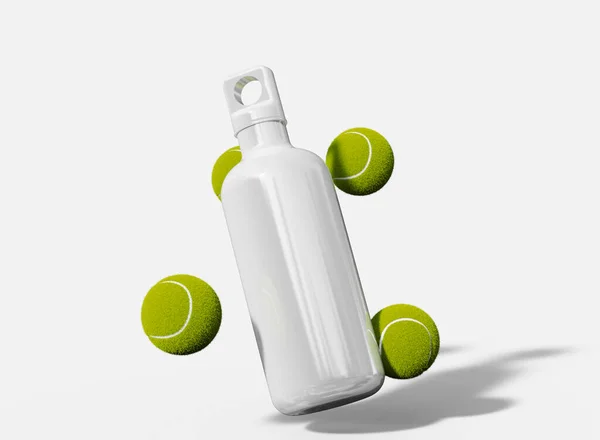 Floating Aluminum Sport Bottles Tennis Balls Mockup Isolated Objects Rendering — Stock Photo, Image