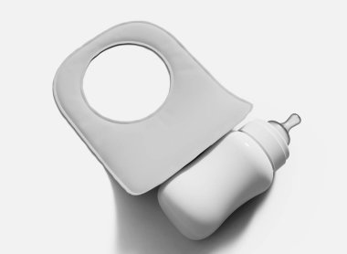 Beslenme Şişesi Modeli Üst Manzara Bebek Önlüğü. Ayrı nesneler. 3d Hazırlama