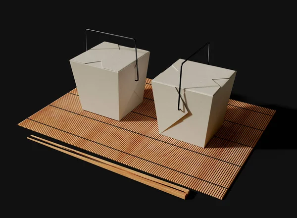 Bamboo Mat Kraft Noodle Boxs Και Chopsticks Μαύρο Φόντο Mockup — Φωτογραφία Αρχείου