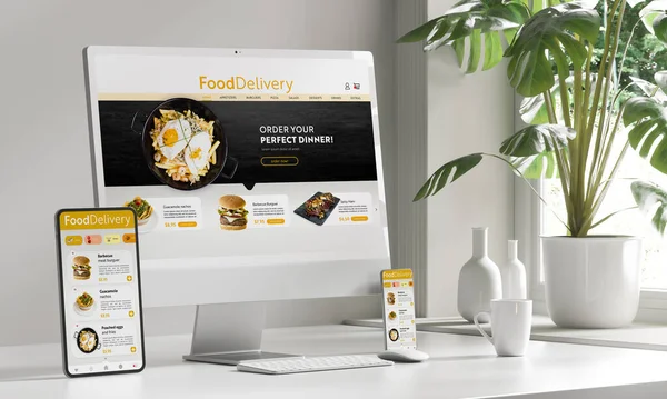Белые Устройства Экранами Доставки Продуктов Питания Рендеринг — стоковое фото