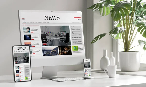 White Desktop Devices News Screens Rendering — Stock Photo, Image