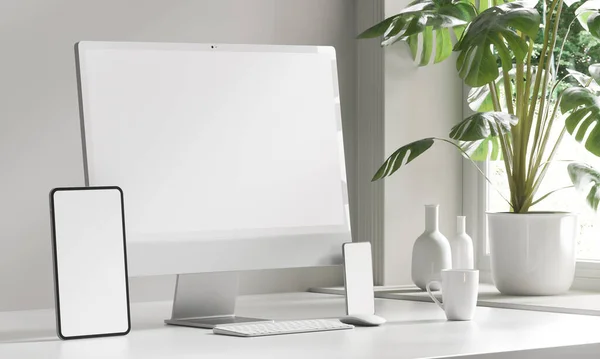 Minimal devices in white desktop and plant 3d rendering