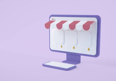 NFT Web Pazarı 'ndan Mockup Purple Computer Screen. Çizgi film stili. İzole edilmiş bilgisayar. 3d Hazırlama