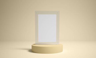 Sarı Tonlar Mockup 'ta podyumun üstünde şeffaf bir çerçeve. 3d Hazırlama