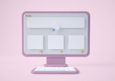 Pembe Tonlar 'da NFT Profili olan Mockup Bilgisayar Ekranı. Çizgi film stili. Ayrı bir nesne. 3d oluşturma