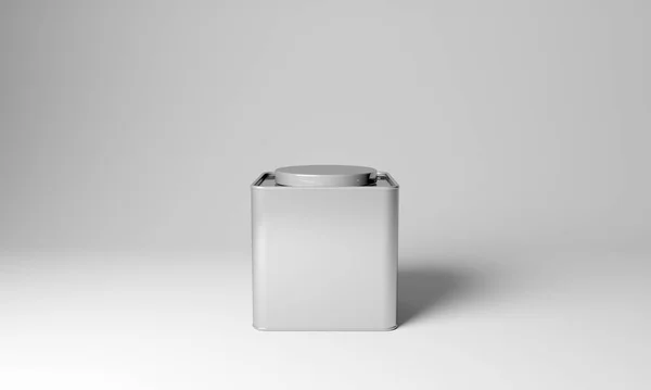 Square Metal Tea Tin Dengan Cap Mockup Paket Terisolasi Rendering — Stok Foto
