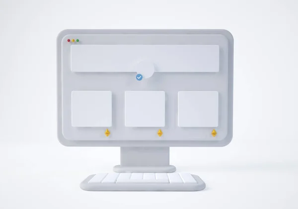 NFT Profile on White Computer Screen. Cartoon Style. Mockup Computer. Isolated Object. 3d rendering