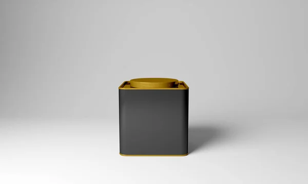 Black Square Metal Tea Tin Złotą Okrągłą Makietą Czapki Odizolowana — Zdjęcie stockowe