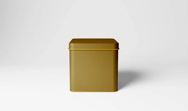 Vierkante Golden Tea Tin Mockup Geïsoleerde Metalen Blikje Destructie — Stockfoto