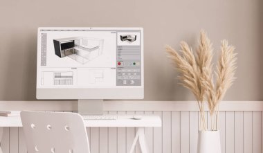 İç tasarım ekran 3d görüntüleme ile Basit Nötr Masaüstü 