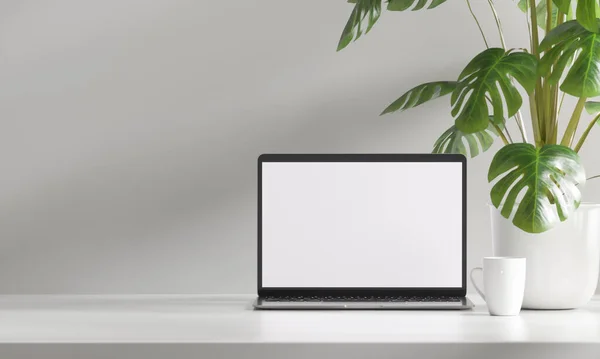 Minimal white desktop with laptop and plant 3d rendering
