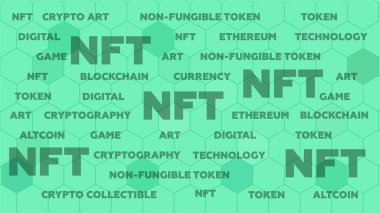 NTF konsepti. NTF 'yi tanımlayan bir dizi kelime. İade edilemez şifreleme simgesi. Pankart, web, baskı, kapak, makale, tabela.