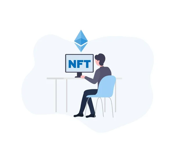 Ntf Koncepció Illusztráció Egy Fiatalember Számítógépnél Képernyőn Felirat Nft Ethereum — Stock Vector
