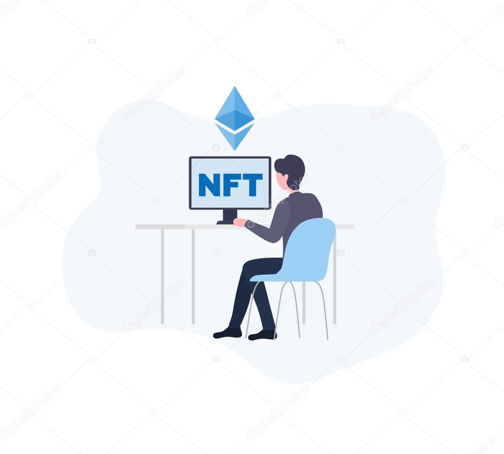 NTF concept illustration. A young man is sitting at the computer. On the screen the inscription NFT. Ethereum icon on top of the monitor. Vector flat illustration for article, web, banner.