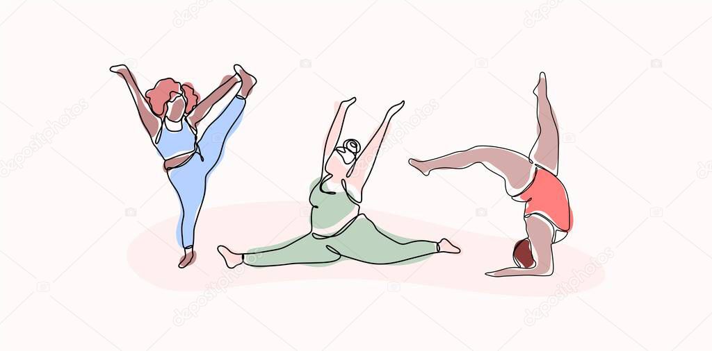 Body positive concept. Plus size girls do yoga. Different yoga poses and asanas. Vector one line for print, textiles, logo, t-shirt, web, articles.