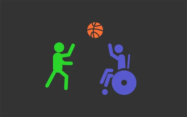 包括性と多様性の概念 バスケットボールをしている子供たちの色絵文字 車椅子の男の子が友達とバスケットボールをしている ベクターイラスト — ストックベクタ