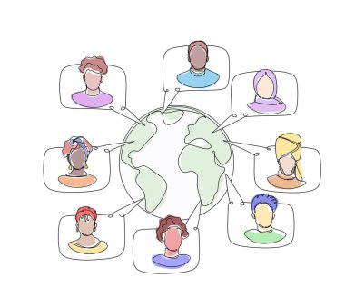 Katılım ve çeşitlilik kavramı. Dünyanın her yerindeki çok ırklı insanlarla yapılan çağrılar. Bir satır soyut illüstrasyon