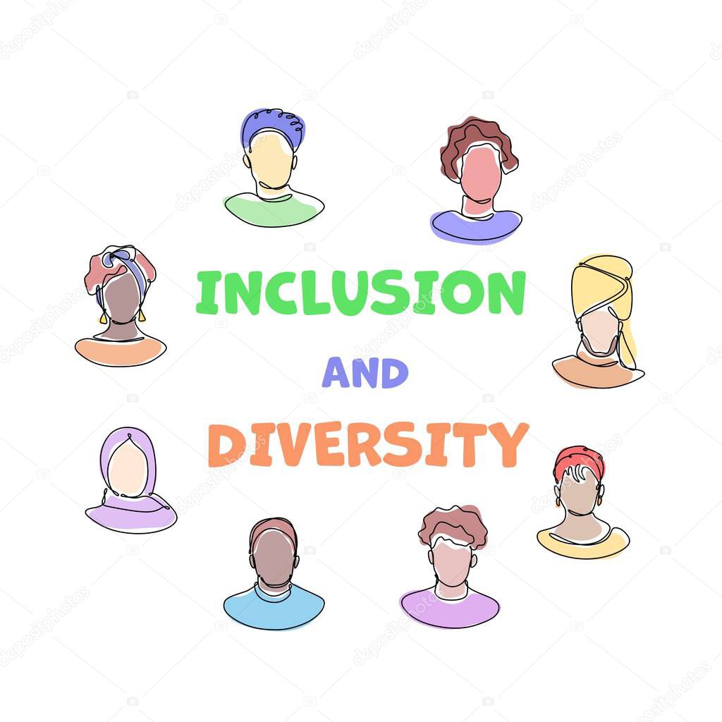 Multiethnic people around the inscriptions include and diversity. One line abstract illustration