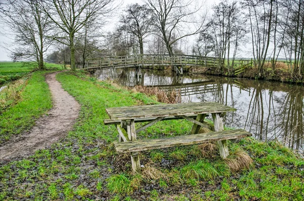 Wooden Bench Bridge Canal Muddy Hiking Trail Krimpenerwaard Polder Netherlands — Photo