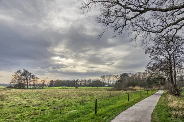 Narrow concrete road in a green and flat landscape under a dramatic sky near Hardenberg, The Netherlands