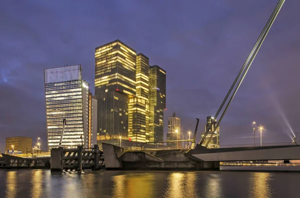 Rotterdam Hollanda Ocak 2022 Mavi Saatte Noordereiland Dan Erasmus Köprüsü — Stok fotoğraf