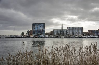 Amsterdam, Hollanda, 11 Şubat 2022: Apartman binaları ve yüzen yüzen evlerle birlikte ana ada IJburg 'a doğru su ve sazlıklar üzerinden bakın.