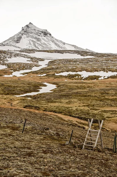 Kısmen Karla Kaplı Bir Dağ Manzarasında Olvafsvik Zlanda Yakınlarındaki Yosun — Stok fotoğraf