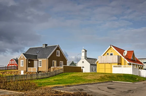 Stykkisholmur Iceland May 2022 Traditional Houses Church Heart Town Illuminated — Stock Photo, Image