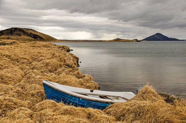 Simples Barco Remo Azul Branco Uma Costa Gramada Lago Myvatn — Fotografia de Stock