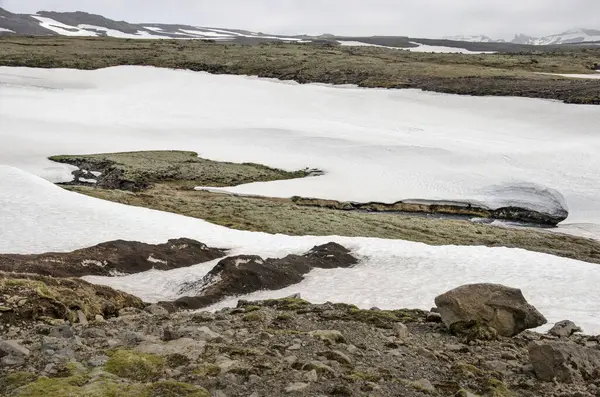 Krajina Horách Skogaru Islandu Trávou Štěrkem Mechem Ještě Částečně Pokrytá — Stock fotografie